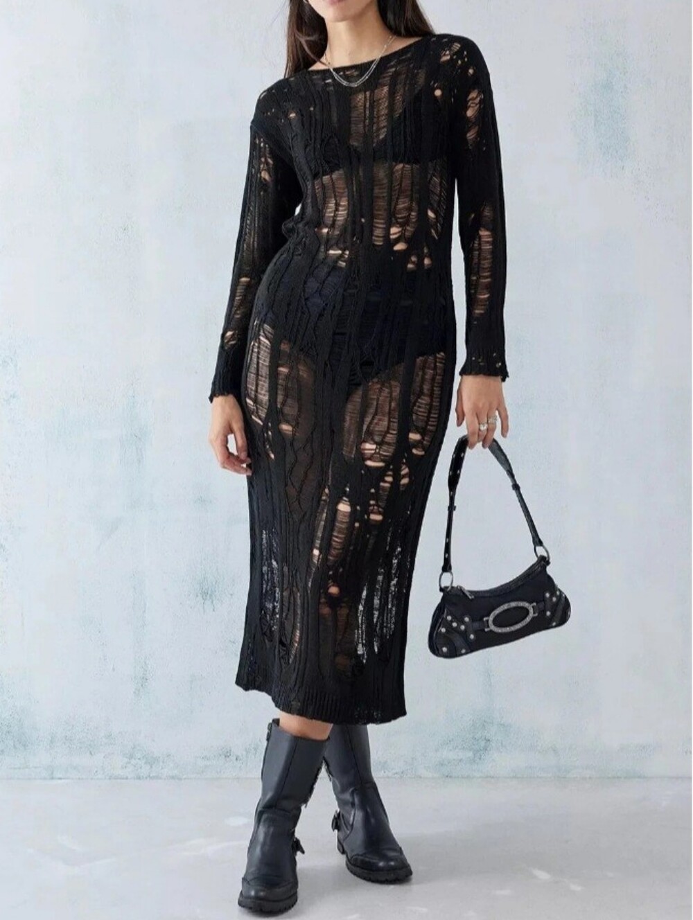 Urban Outfitters Black Ally Laddered Knit Midi Dress